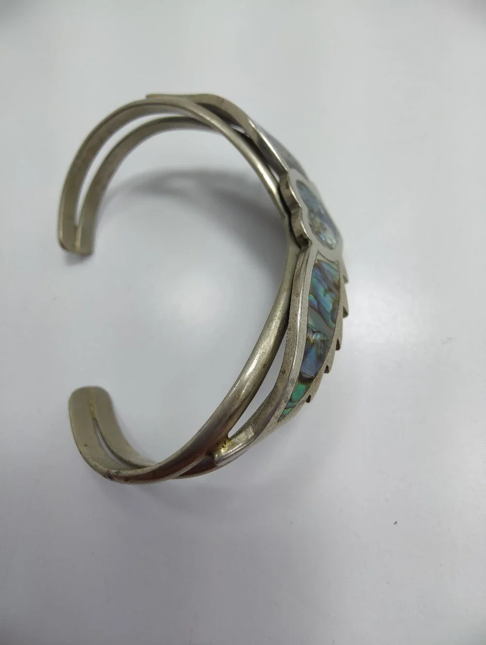Vintage Mexico Abalone Shell Heart Wing Cuff Bracelet Alpaca Silver Tone